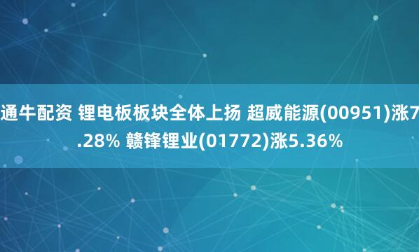 通牛配资 锂电板板块全体上扬 超威能源(00951)涨7.28% 赣锋锂业(01772)涨5.36%